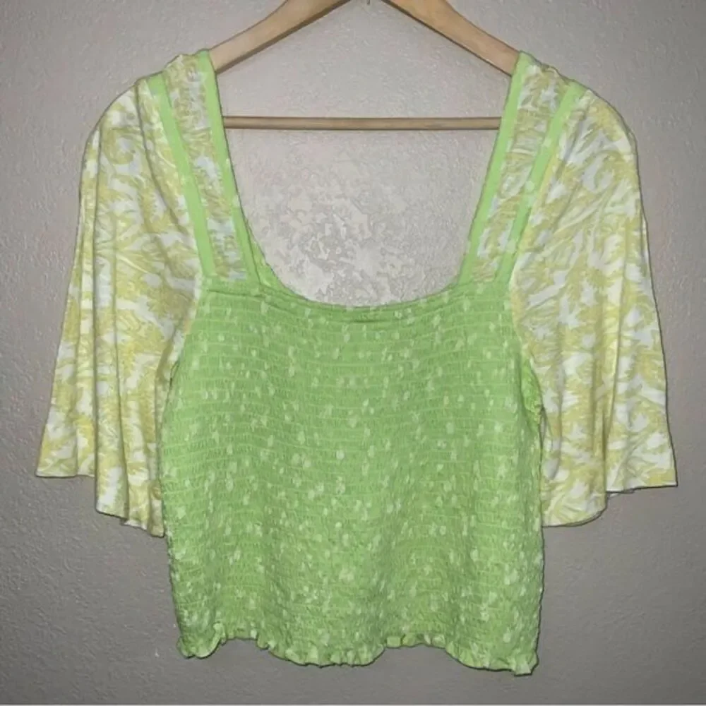 Free People Floral Smocked Square Neck Top Puff Sleeve Green Yellow size M